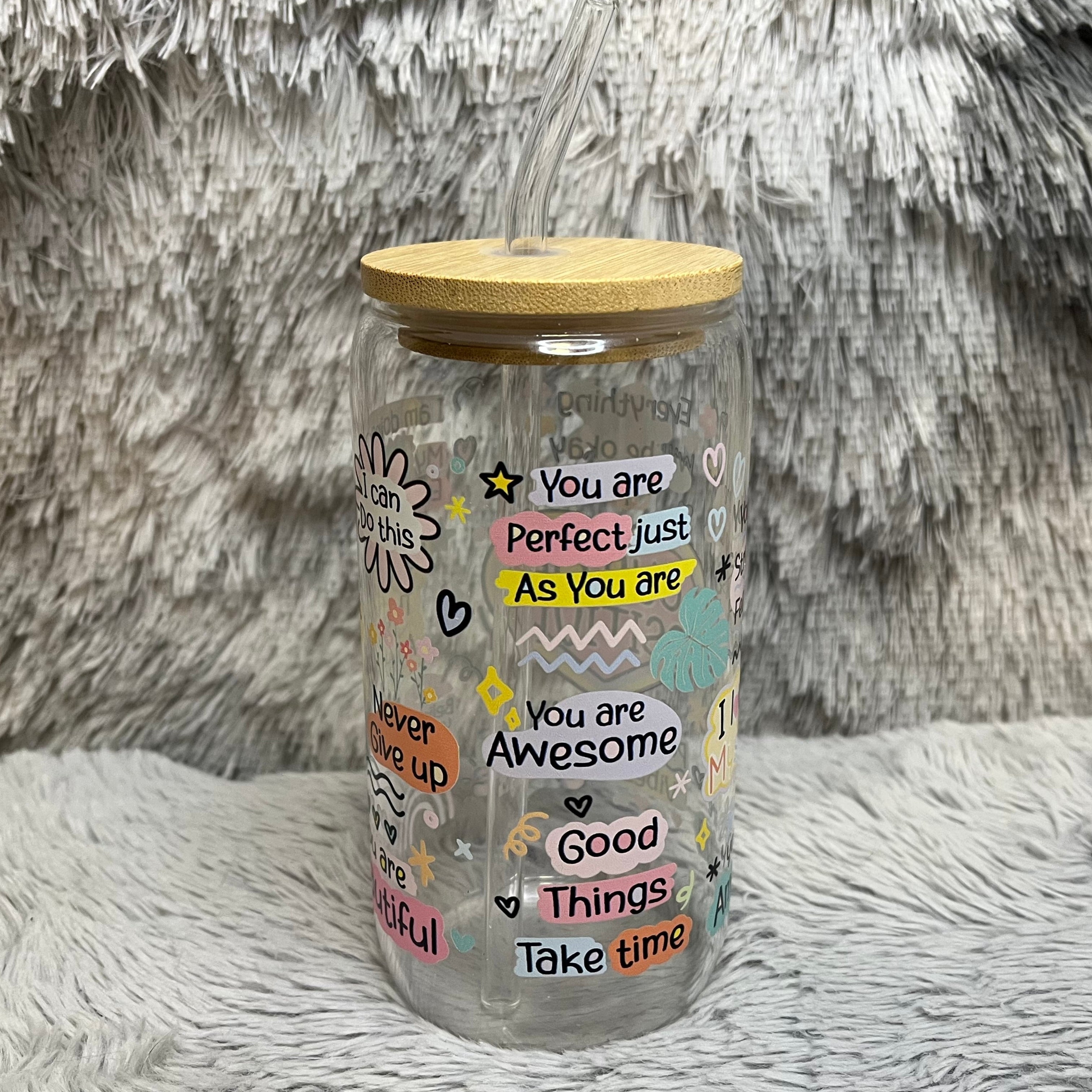 Cup of Positivity Glass Tumbler with Bamboo Lid & Straw | Aesthetic Self-Care Drinkware