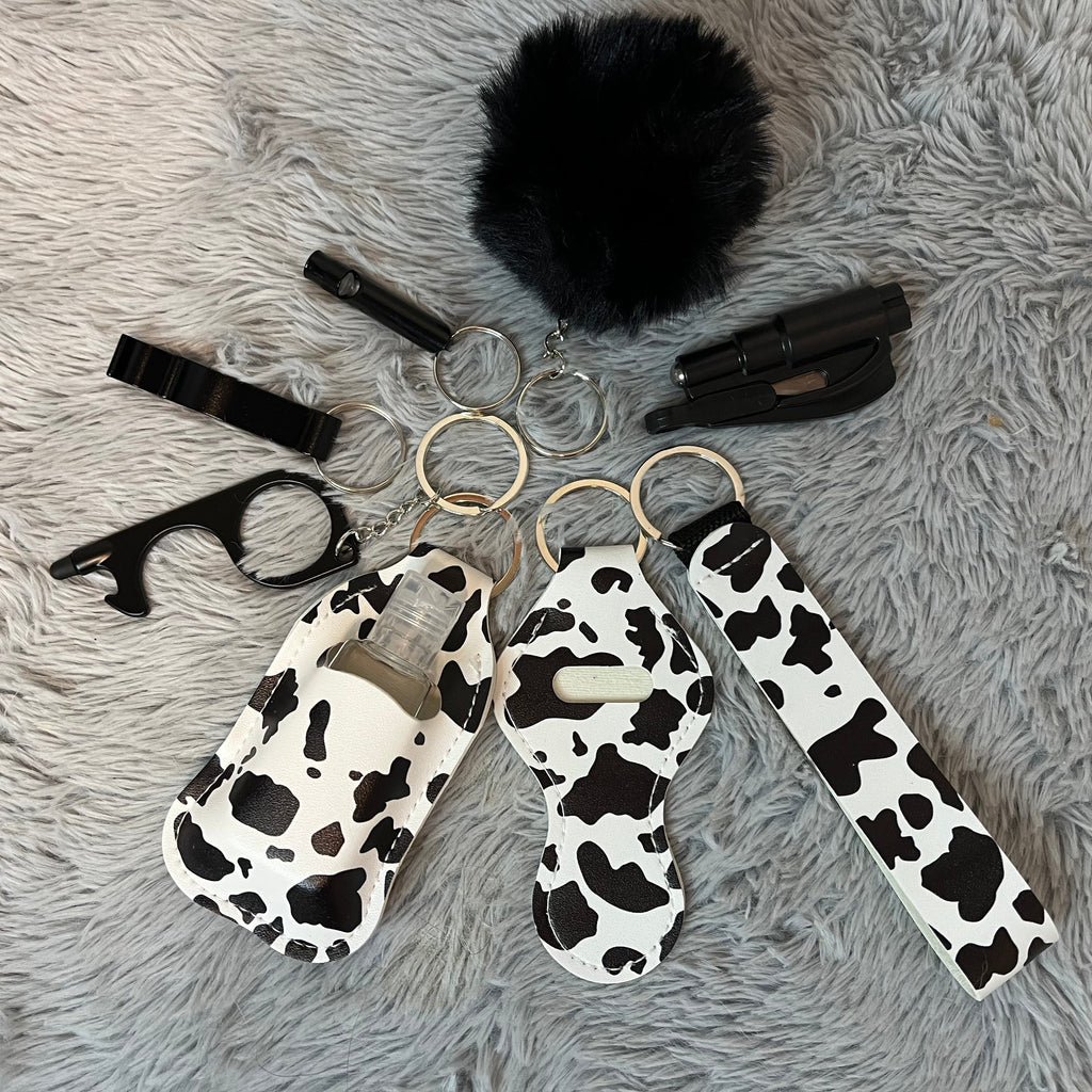 9pcs Cow Print Faux Leather Safety Keychain Set