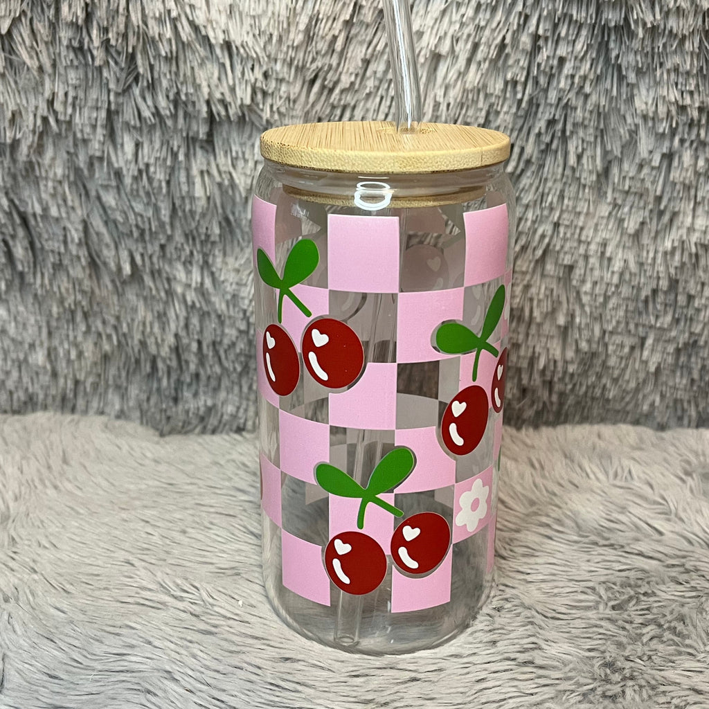 Cherry Checker Glass Tumbler with Bamboo Lid & Straw