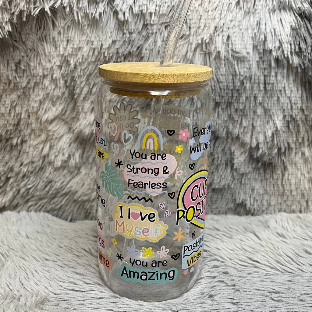 Cup of Positivity Glass Tumbler with Bamboo Lid & Straw | Aesthetic Self-Care Drinkware