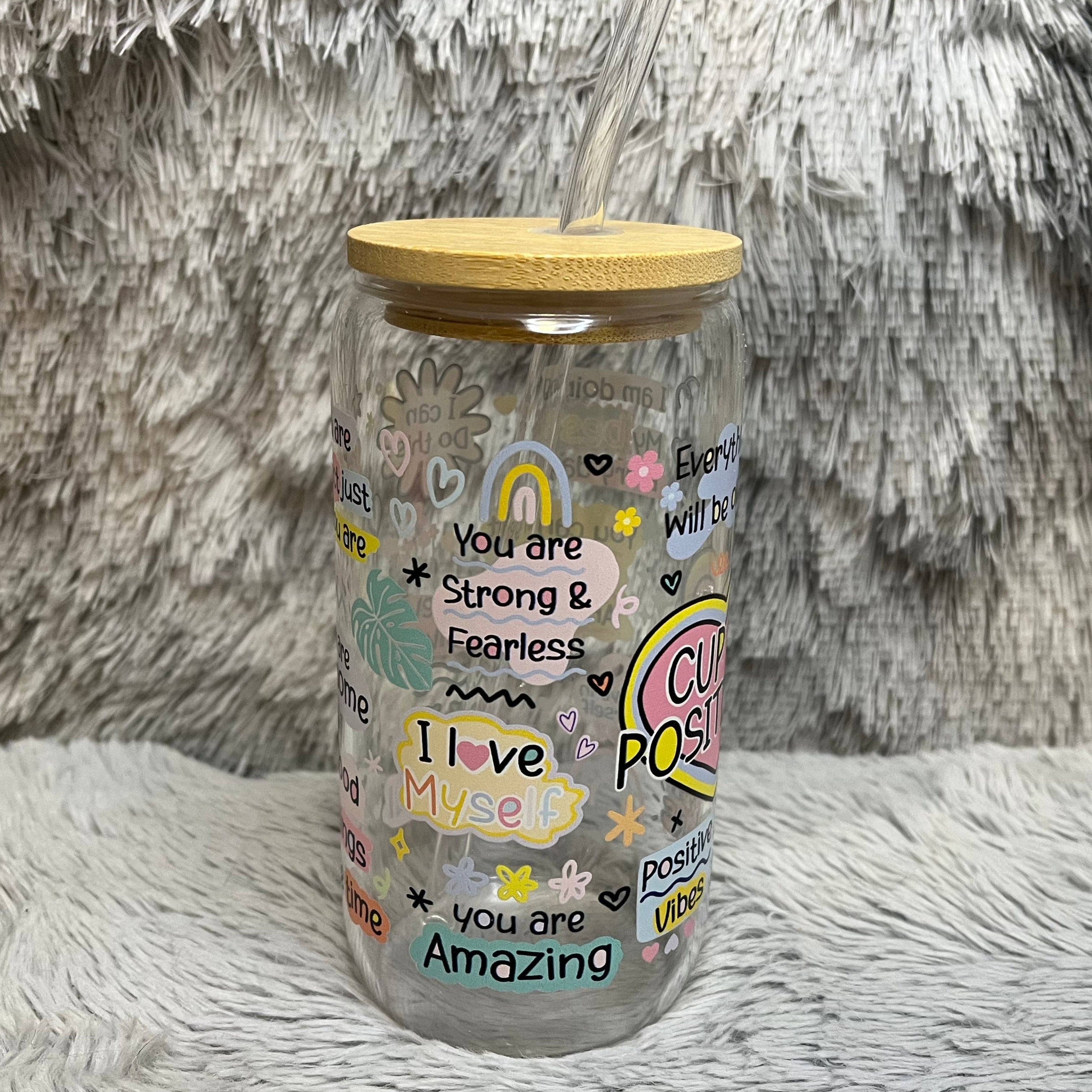 Cup of Positivity Glass Tumbler with Bamboo Lid & Straw | Aesthetic Self-Care Drinkware