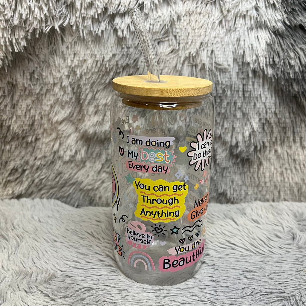 Cup of Positivity Glass Tumbler with Bamboo Lid & Straw | Aesthetic Self-Care Drinkware