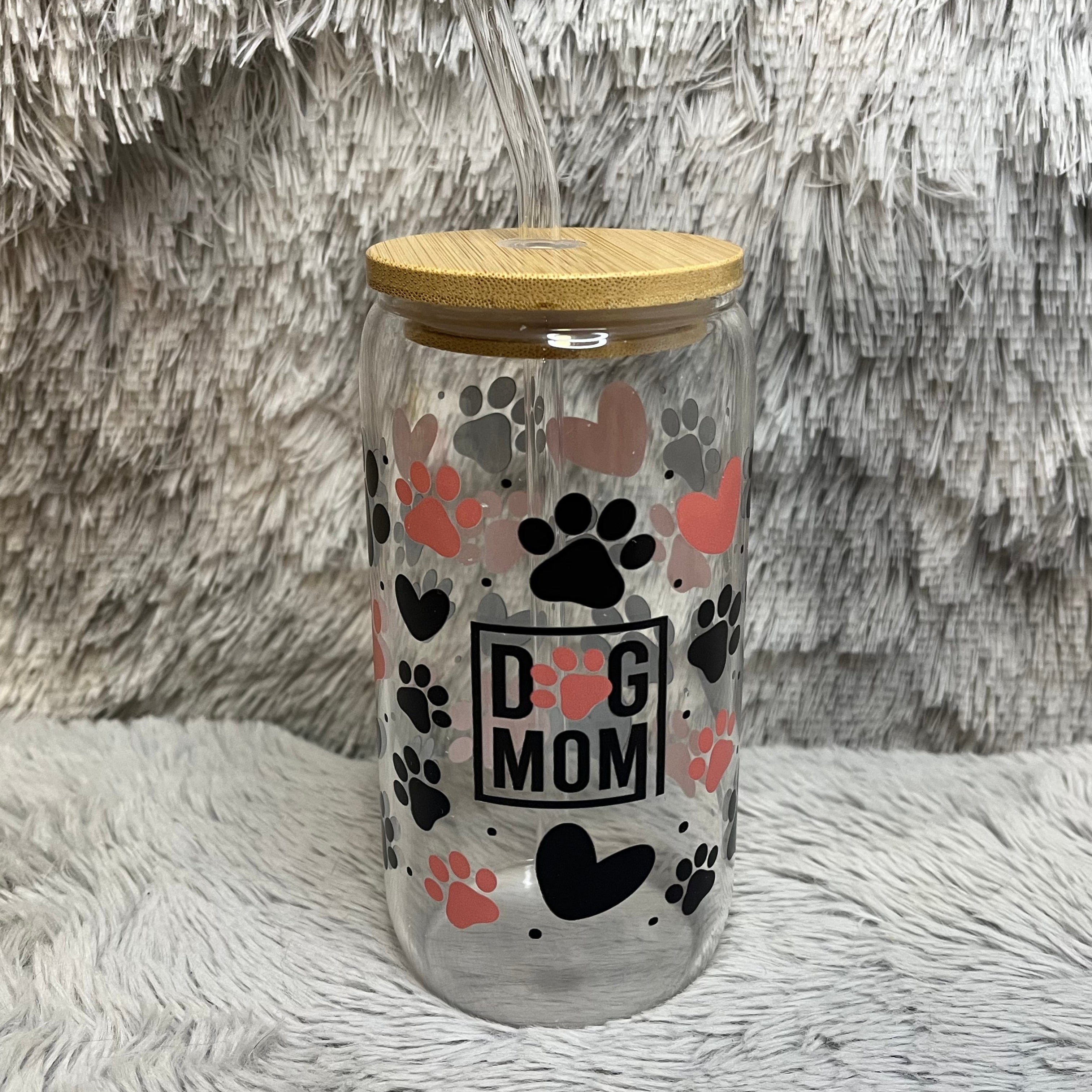 Dog Mom Glass Can Cup with Bamboo Lid & Straw | Cute Paw Print Tumbler