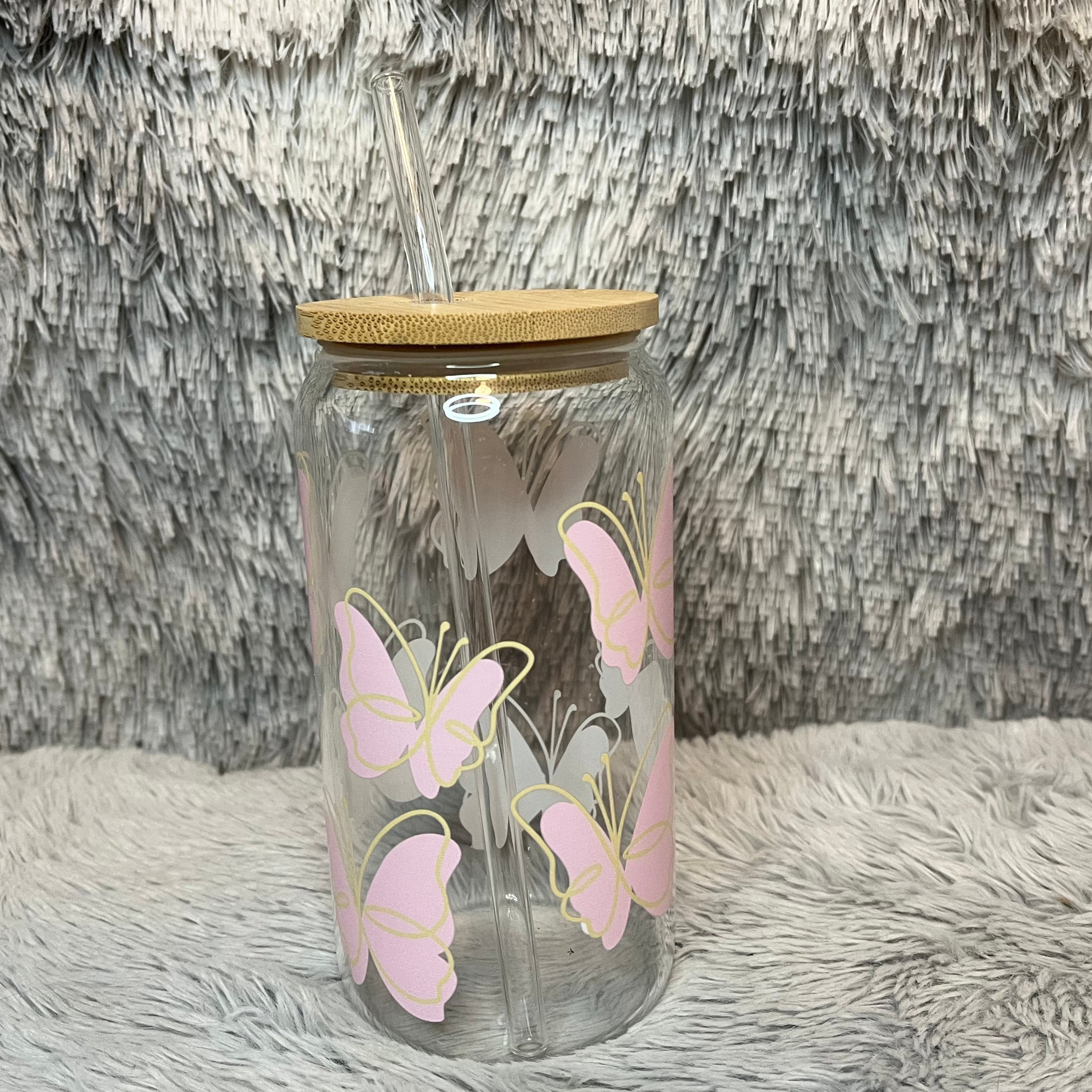 Pink Butterfly Glass Tumbler with Bamboo Lid & Straw