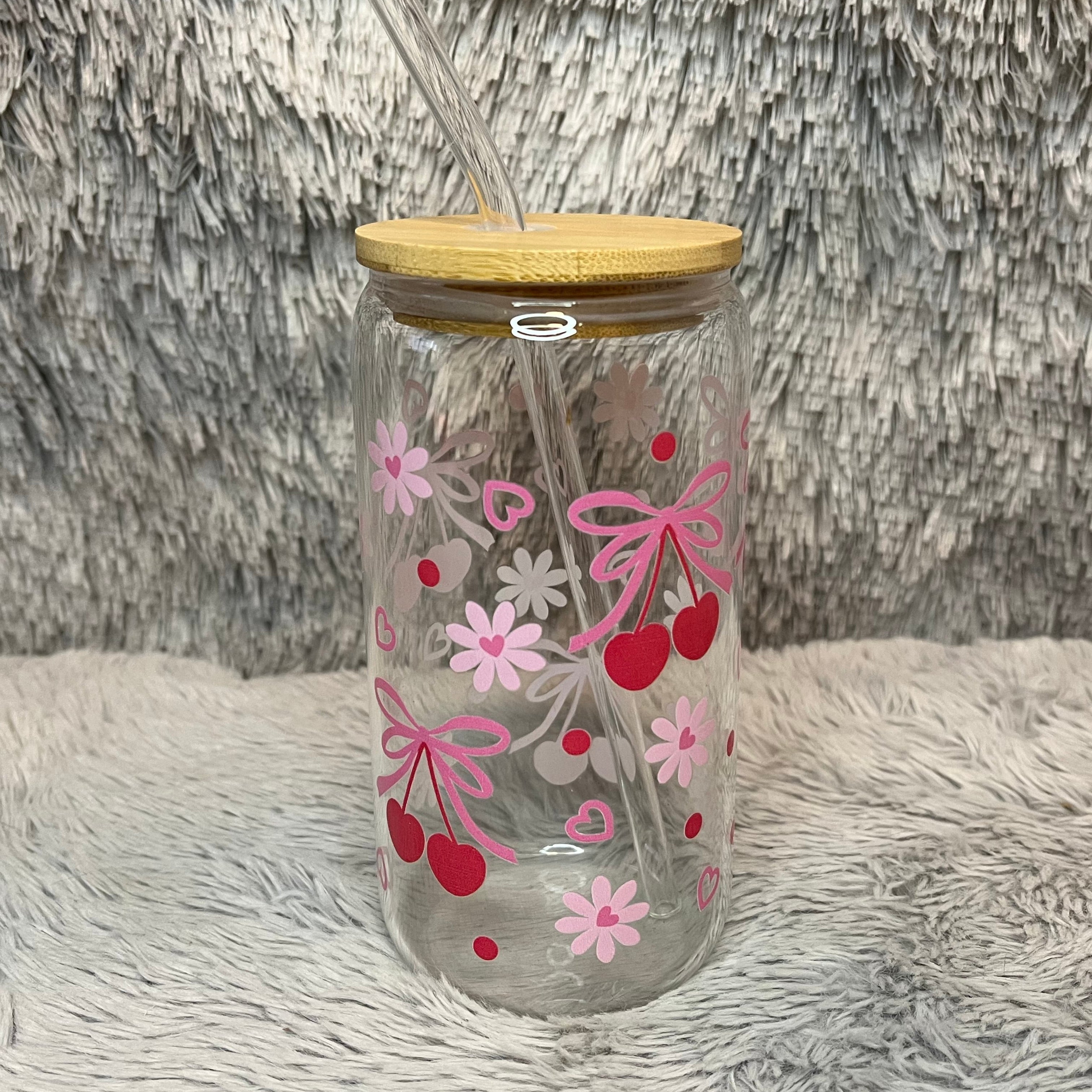 Cherry Bow Glass Tumbler with Bamboo Lid & Straw