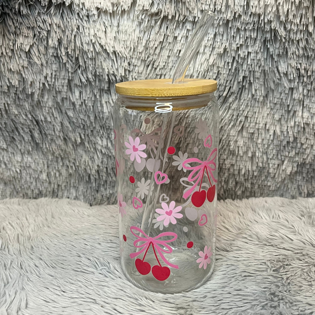 Cherry Bow Glass Tumbler with Bamboo Lid & Straw