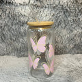 Pink Butterfly Glass Tumbler with Bamboo Lid & Straw