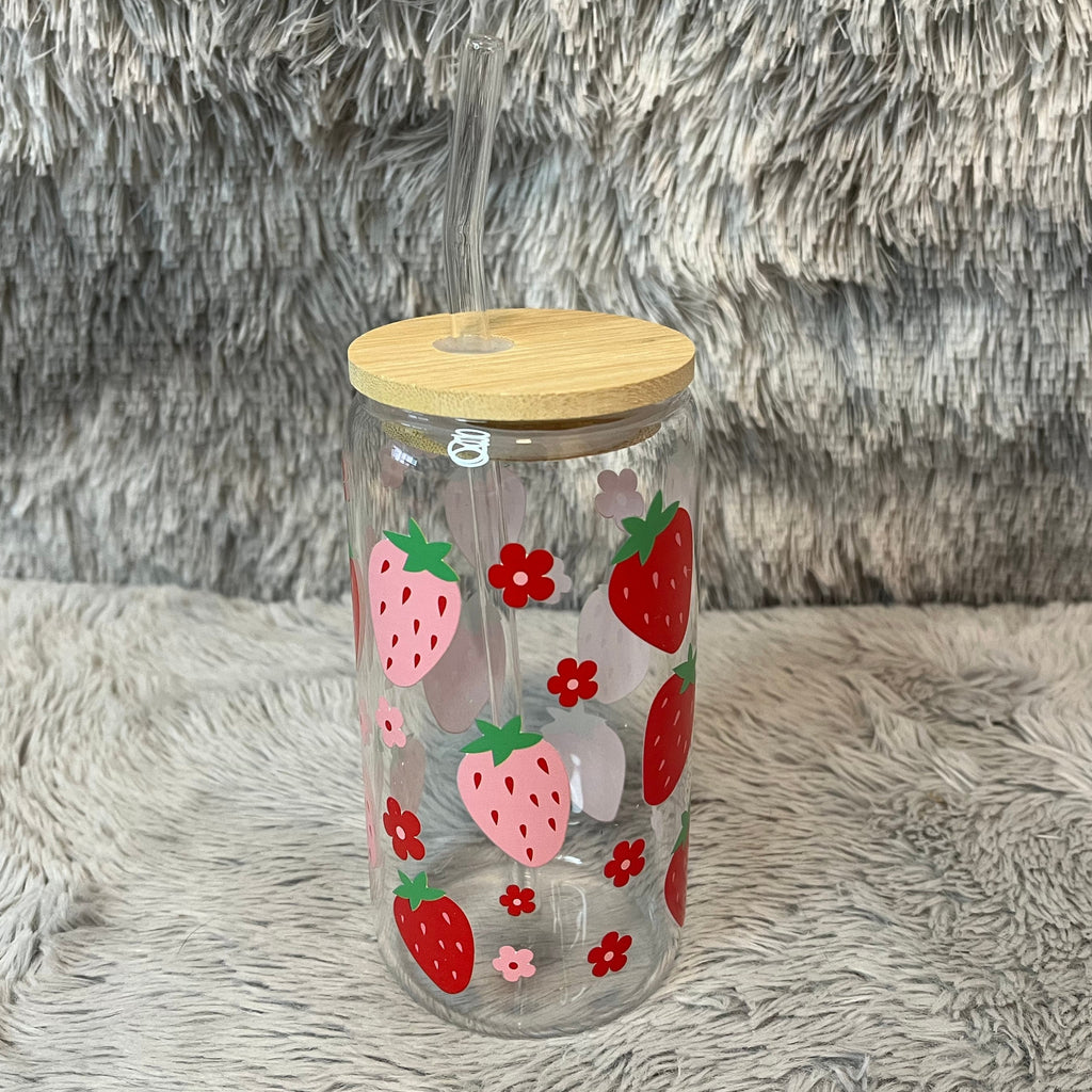 Strawberry Glass Tumbler with Bamboo Lid & Straw