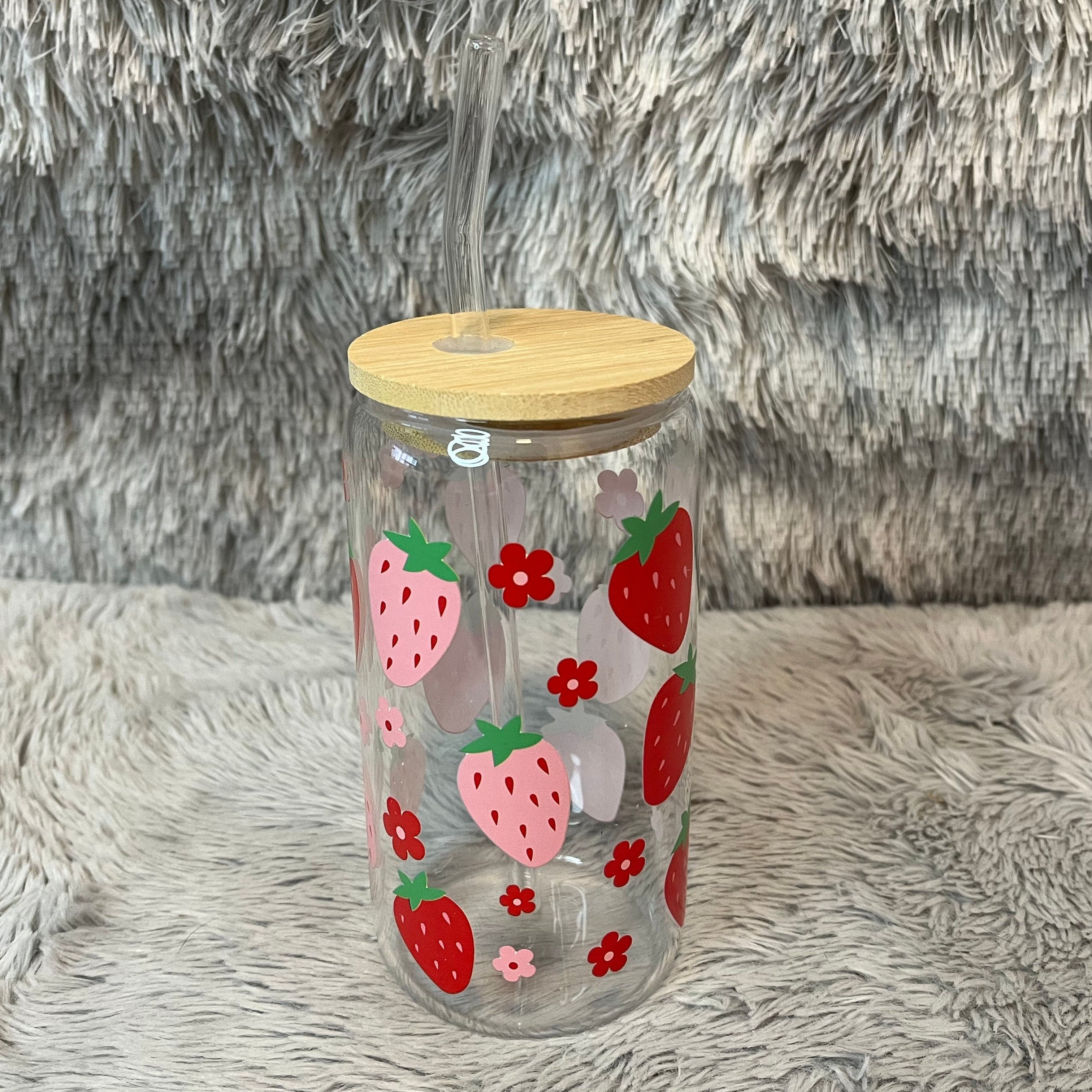 Strawberry Glass Tumbler with Bamboo Lid & Straw