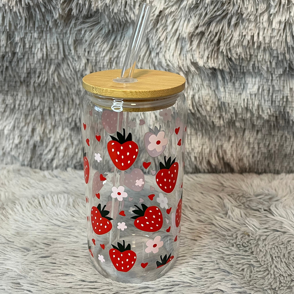 Strawberry Glass Tumbler with Bamboo Lid & Straw