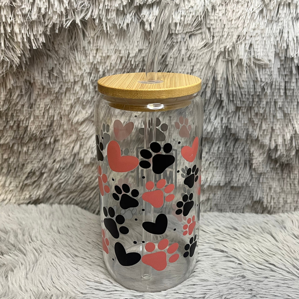 Dog Mom Glass Can Cup with Bamboo Lid & Straw | Cute Paw Print Tumbler