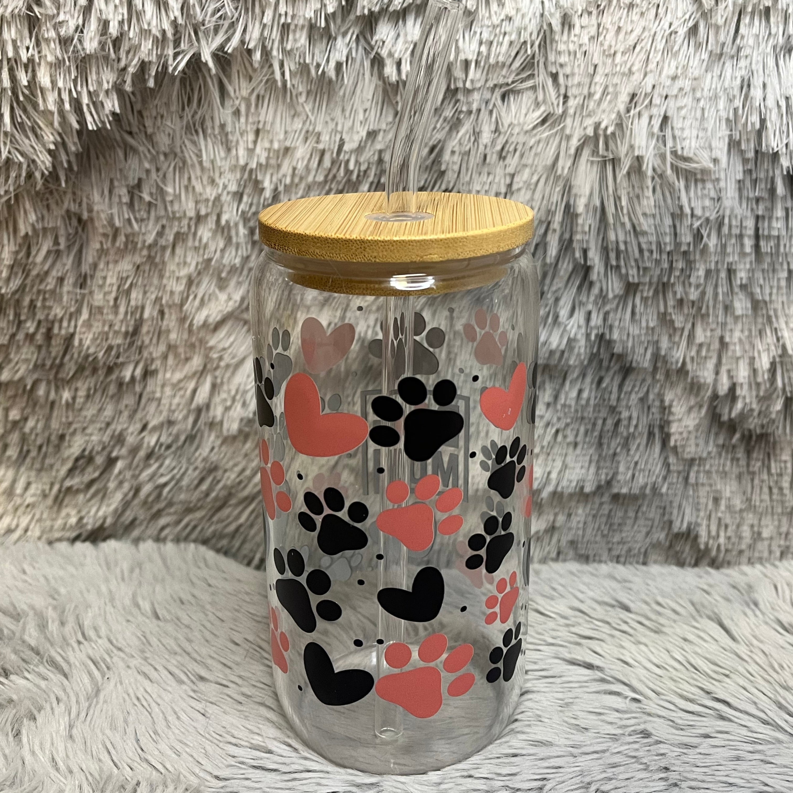 Dog Mom Glass Can Cup with Bamboo Lid & Straw | Cute Paw Print Tumbler