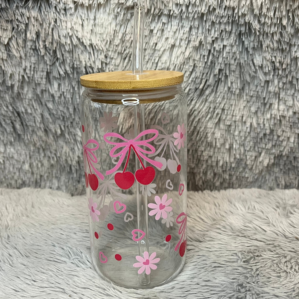 Cherry Bow Glass Tumbler with Bamboo Lid & Straw