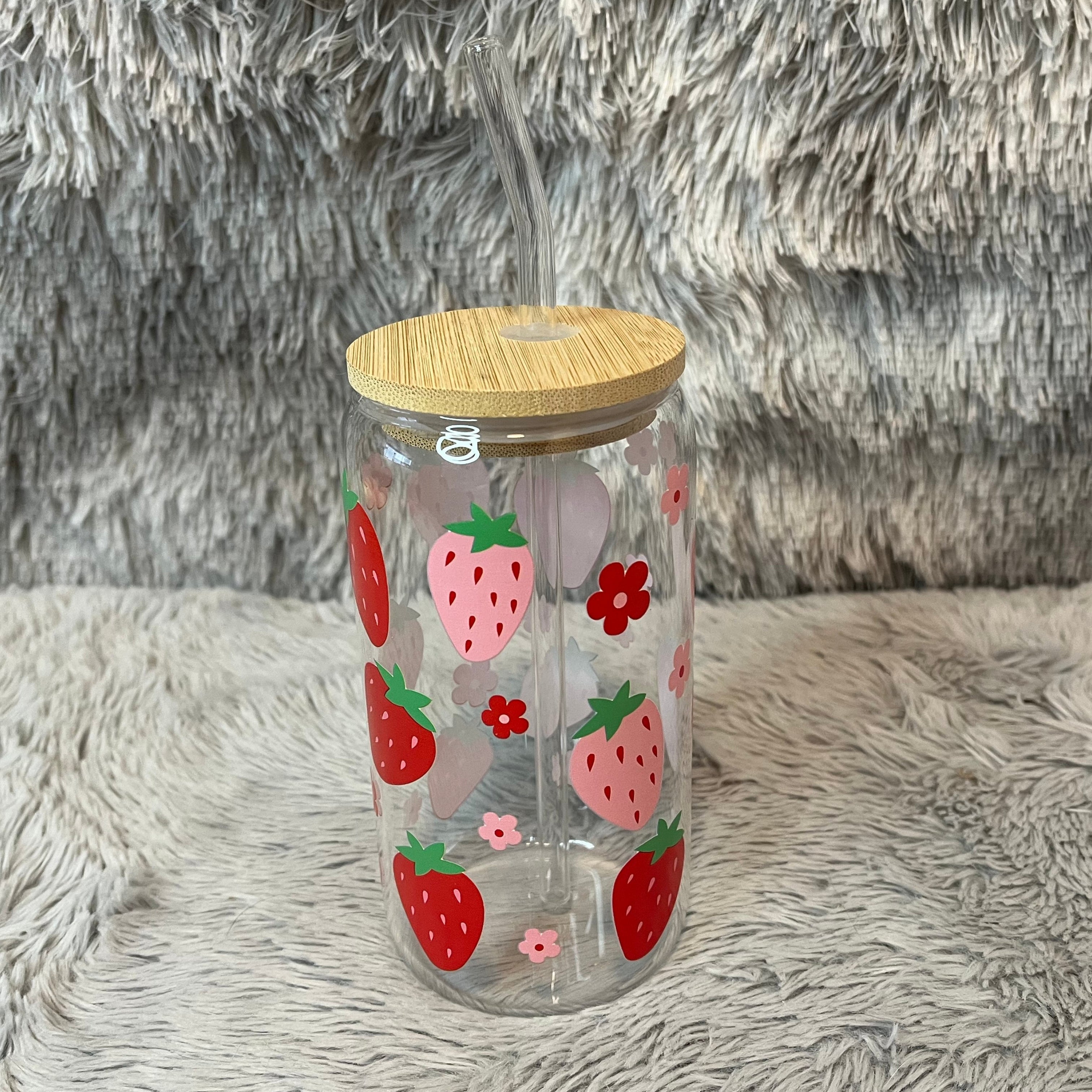 Strawberry Glass Tumbler with Bamboo Lid & Straw