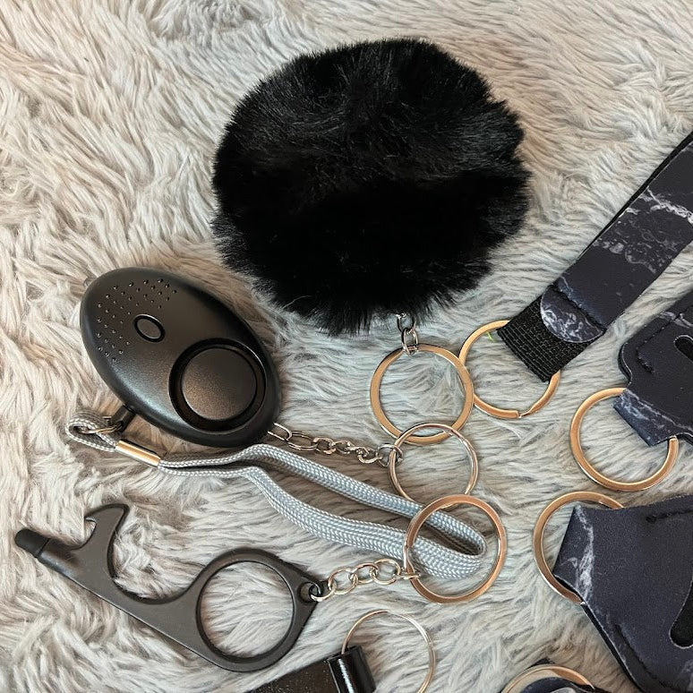 11-Piece Black Marble Safety Keychain Set –Women’s Self Defense Keychain