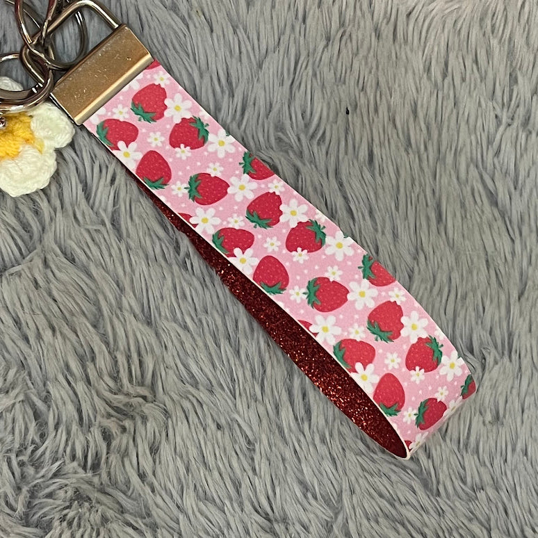 Strawberry Print Handmade Faux Leather Wristlet Safety Keychain Set