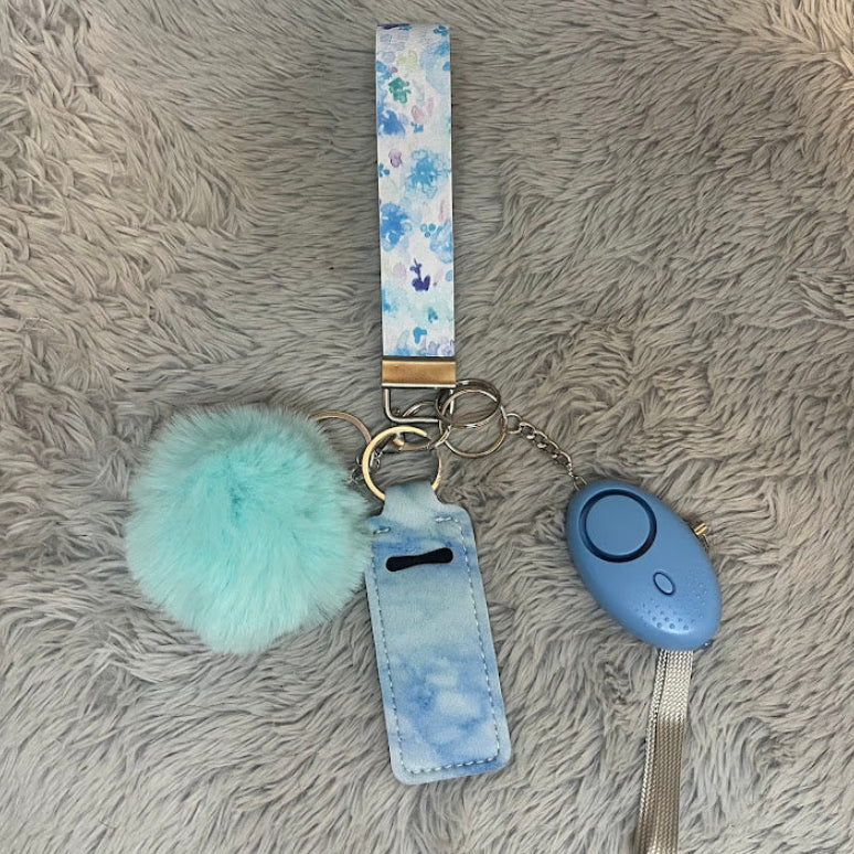Floral Print Handmade Faux Leather Wristlet Safety Keychain Set