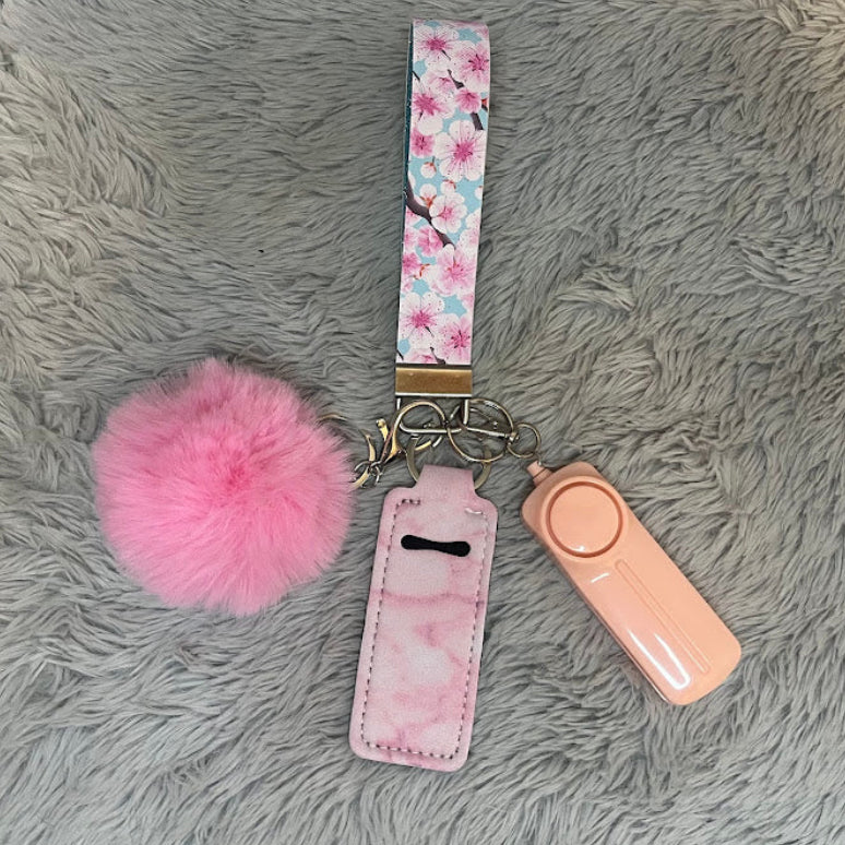 Sakura Print Handmade Faux Leather Wristlet Safety Keychain