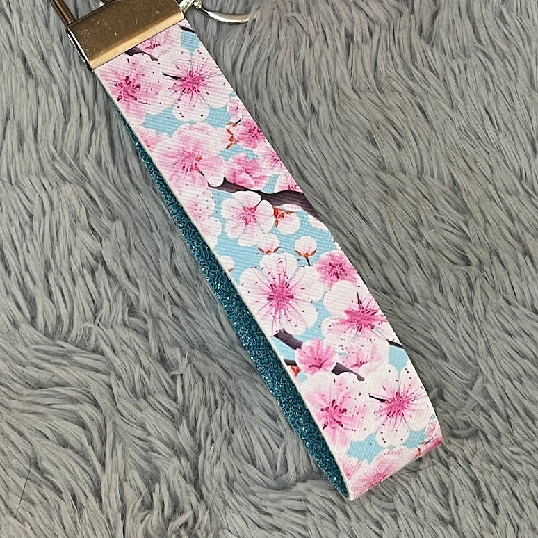 Sakura Print Handmade Faux Leather Wristlet Safety Keychain