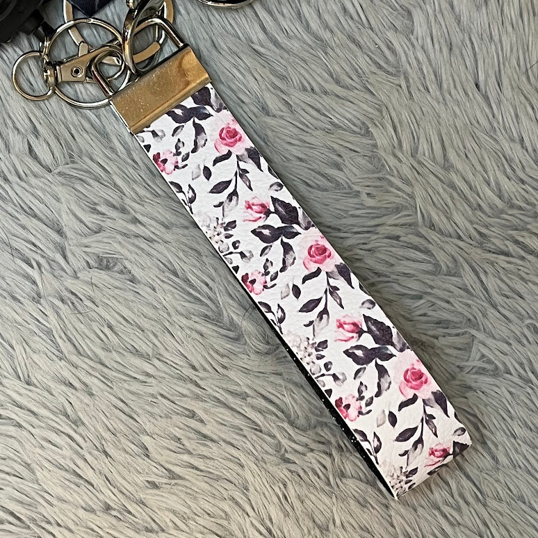 Black and White Floral Print Faux Leather Wristlet Safety Keychain