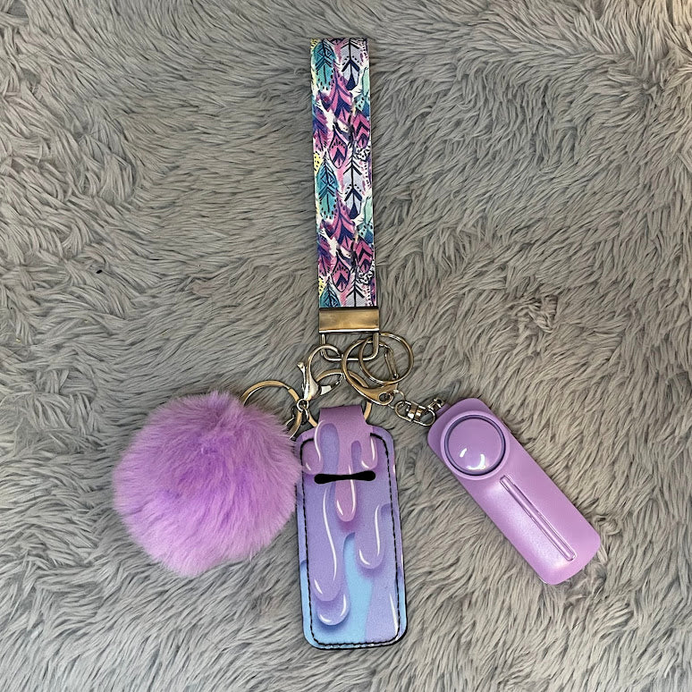 Feather Print Handmade Faux Leather Wristlet Safety Keychain Set