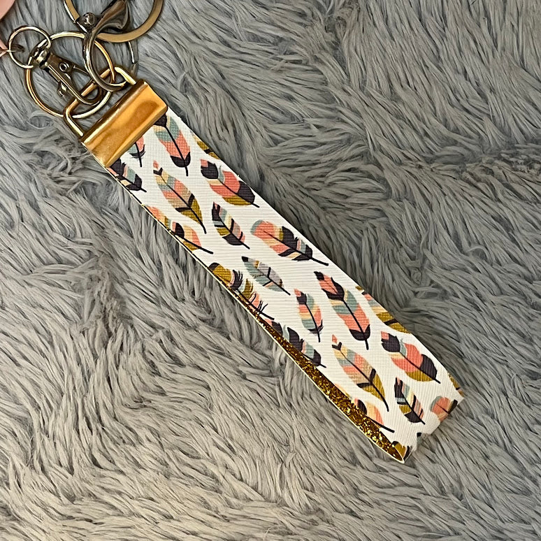 Feather Print Handmade Faux Leather Wristlet Safety Keychain Set