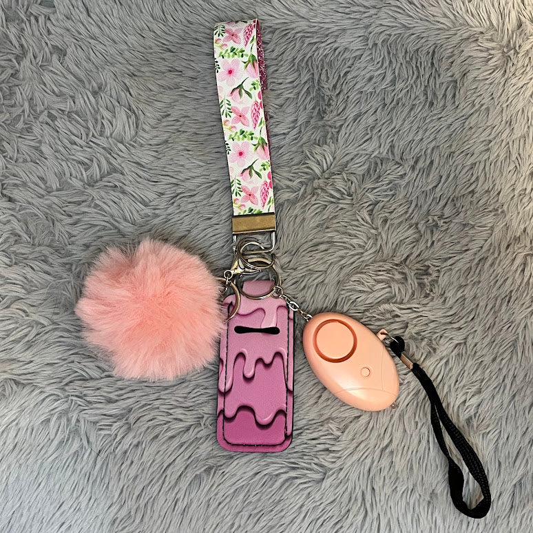 Floral Print Handmade Faux Leather Wristlet Safety Keychain Set