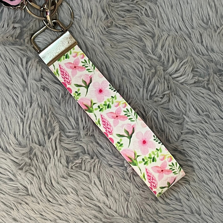 Floral Print Handmade Faux Leather Wristlet Safety Keychain Set