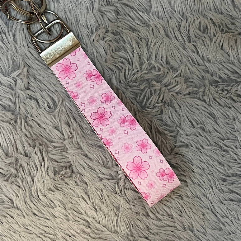 Sakura Print Handmade Faux Leather Wristlet Safety Keychain