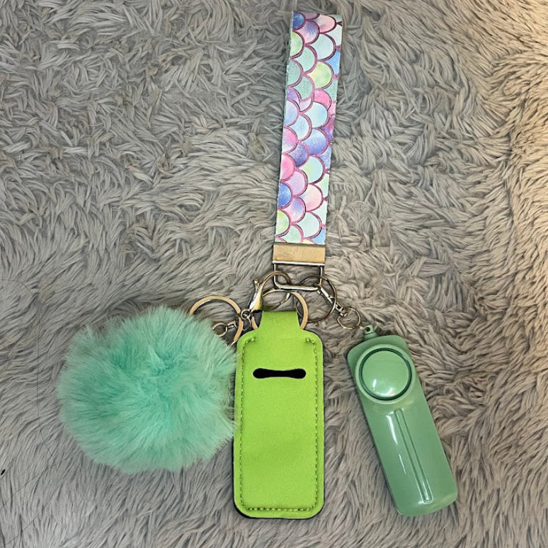 Mermaid Print Handmade Faux Leather Wristlet Safety Keychain Set