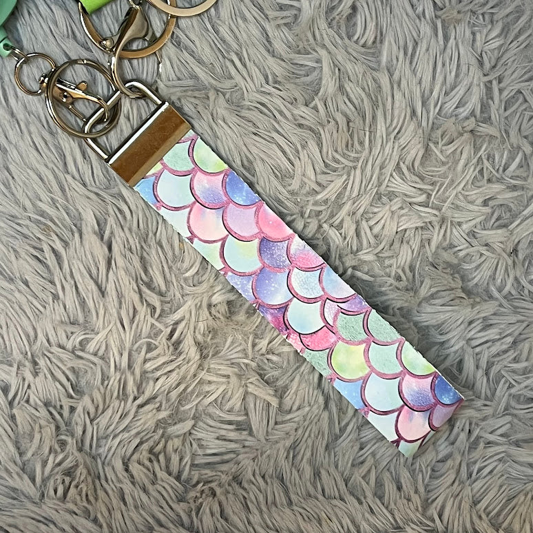 Mermaid Print Handmade Faux Leather Wristlet Safety Keychain Set