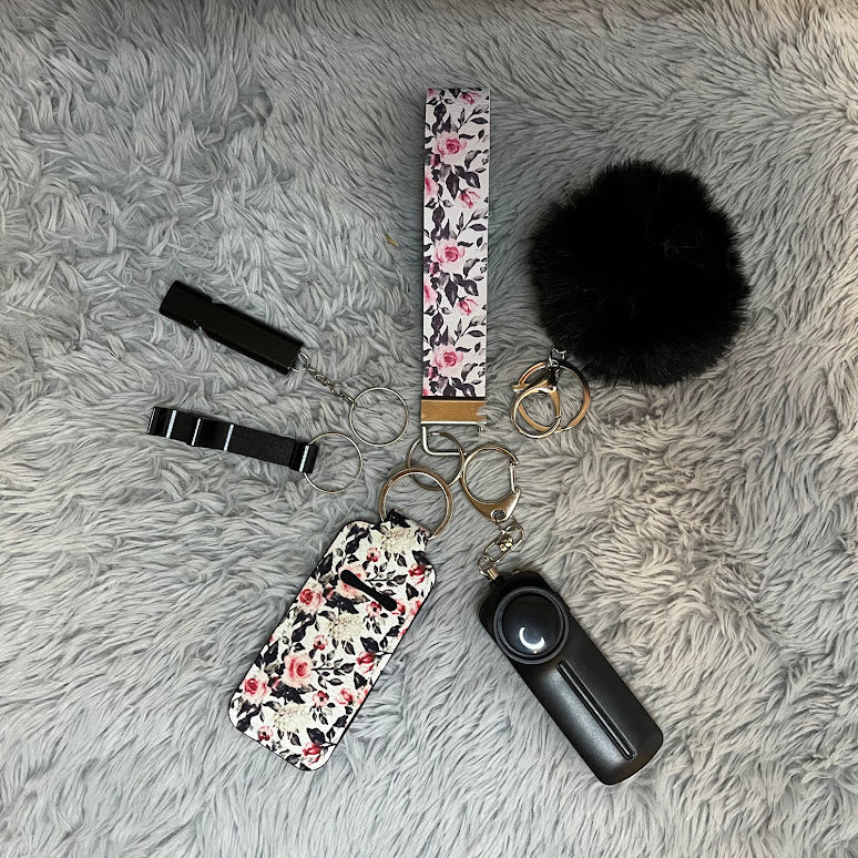 Black and White Floral Print Faux Leather Wristlet Safety Keychain