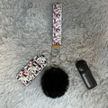 Black and White Floral Print Faux Leather Wristlet Safety Keychain
