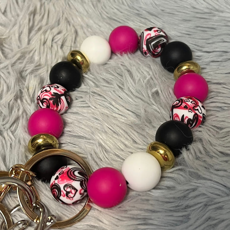 4pcs Heart Print Beaded Wristlet Safety Keychain Accessory Set