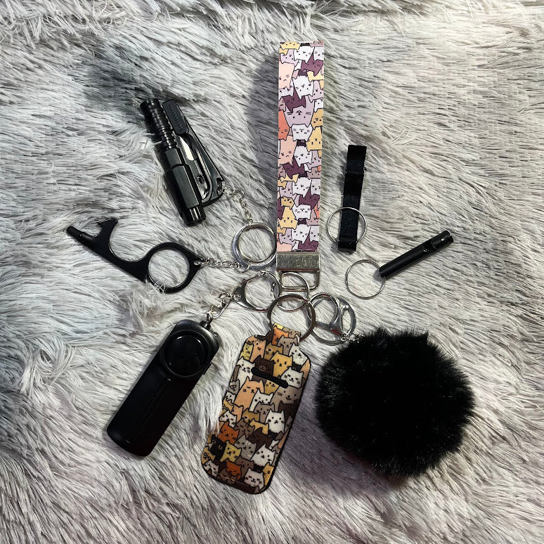 Cat print Faux Leather Wristlet Safety Keychain