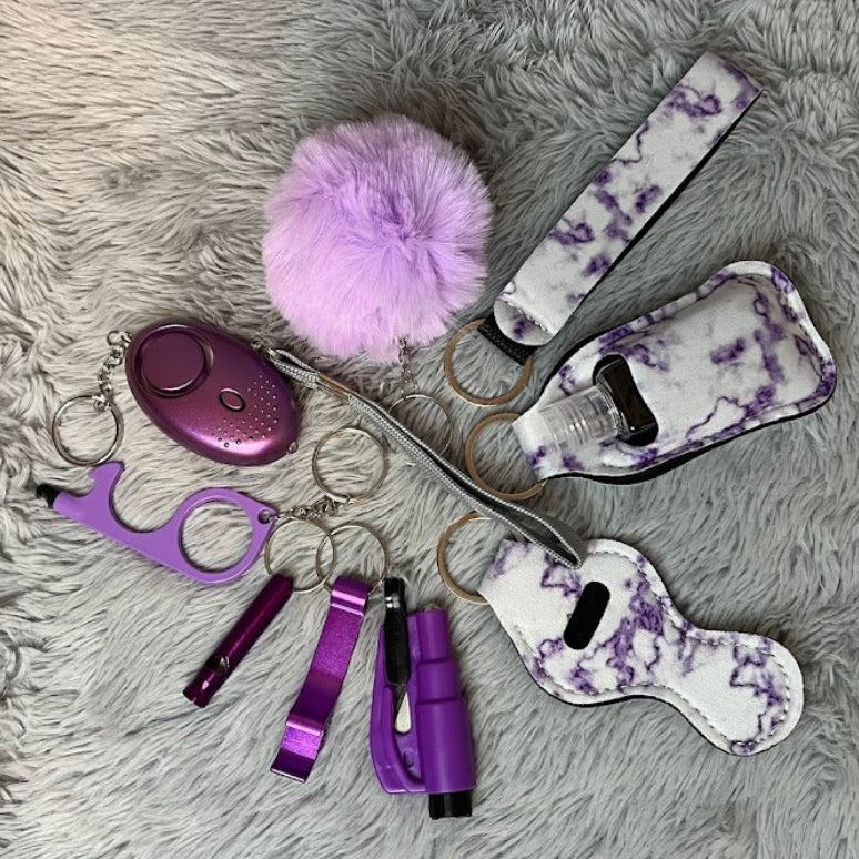 10pcs Purple Marble Print Safety Keychain Set with Personal Alarm