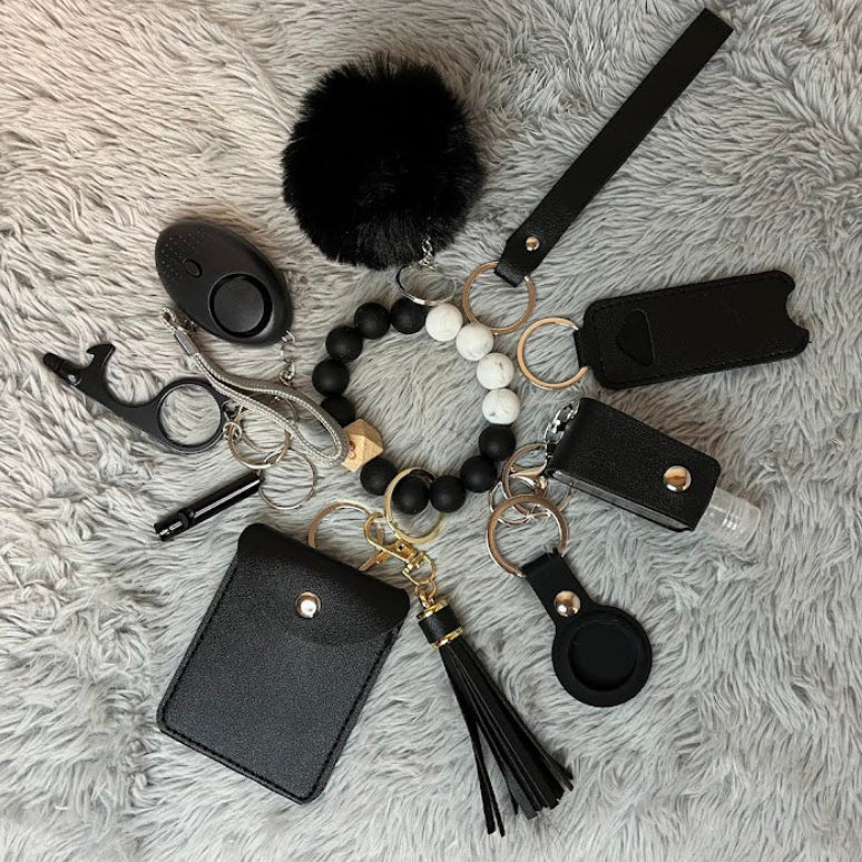 12-Piece Black Beaded Wristlet Safety Keychain Set